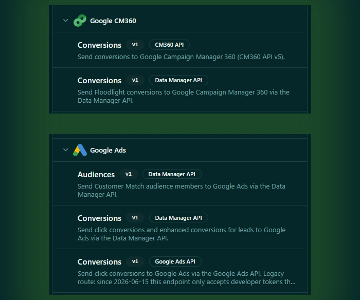 LemonBridge API version tracking for Google CM360 and Google Ads bridges, showing each connection's API version and endpoint