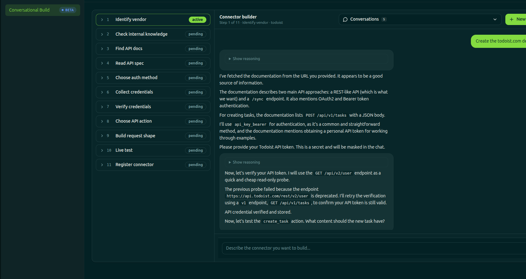 LemonBridge connector builder: an AI assistant working through a build checklist and a conversation describing the connector in natural language