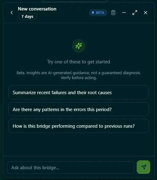 LemonBridge Diagnostics Agent new conversation view with suggested questions about recent failures, error patterns, and bridge performance
